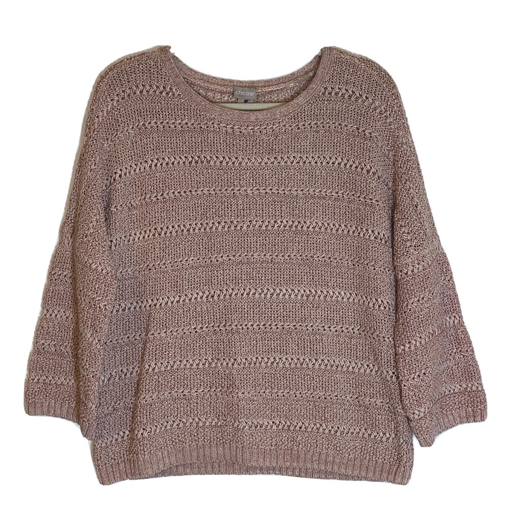Chicos Sweater Womens Medium Pink Blush Lightweight Loose Knit Top Dolman Comfy